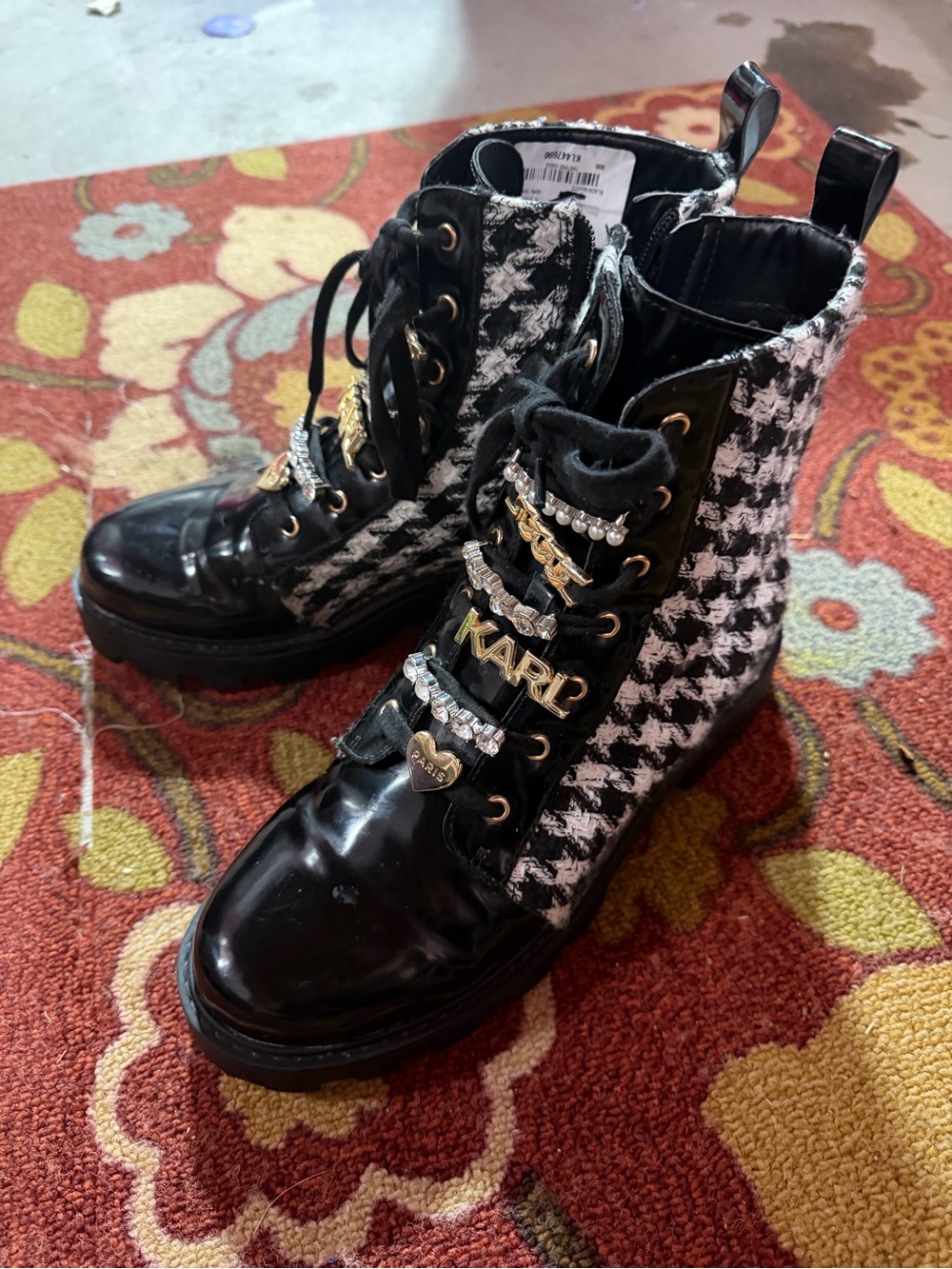 Karl Lagerfeld Black Tweed Lace-Up Combat Boots with Gold Accents